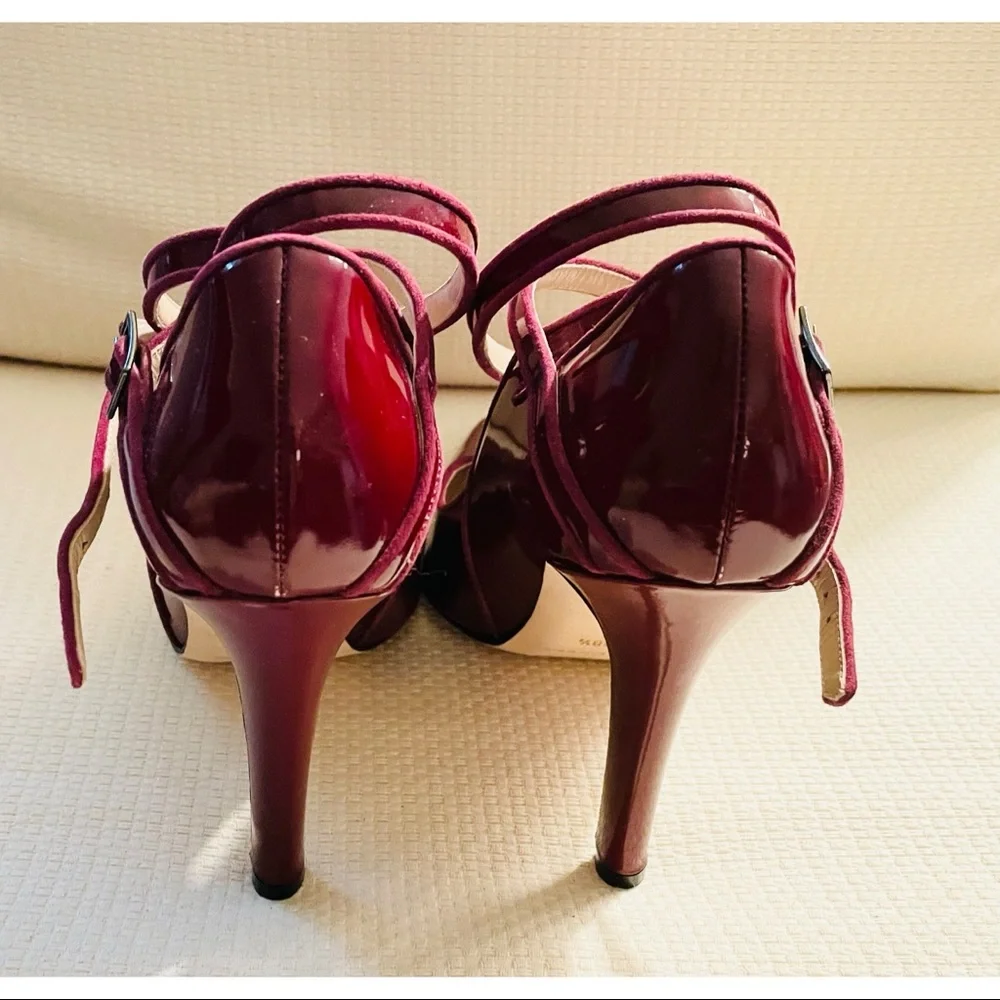 New! HENRI LEPORE DEZERT Carmela Burgundy Patent Crossback Heels  Shoes - Picture 5 of 12